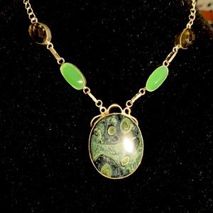 Silver necklace with solid 2” River Agate, Jade